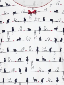 3/4 Arm Nachthemd mit Katzenmotiv Weiss