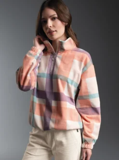 Fleece Sweatshirt mit Stehkragen und Karo Design Puder