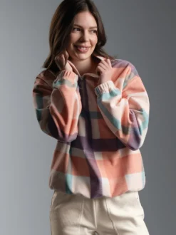 Fleece Sweatshirt mit Stehkragen und Karo Design Puder