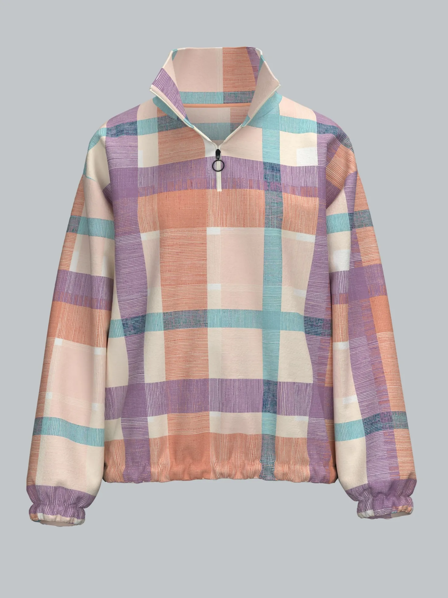 Fleece Sweatshirt mit Stehkragen und Karo Design Puder