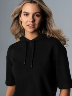 Kurzarm Hoodie in Waffeloptik Schwarz