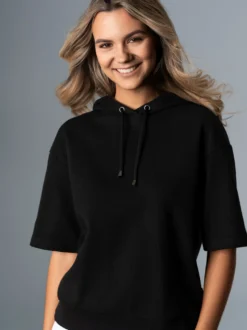 Kurzarm Hoodie in Waffeloptik Schwarz