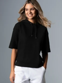 Kurzarm Hoodie in Waffeloptik Schwarz