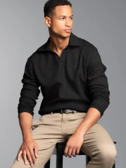 Langarm Poloshirt ohne Knopfleiste in Waffeloptik Schwarz