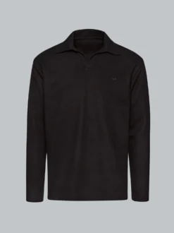 Langarm Poloshirt ohne Knopfleiste in Waffeloptik Schwarz