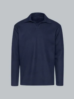 Langarm Poloshirt ohne Knopfleiste in Waffeloptik Navy