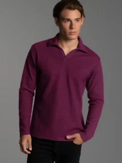 Langarm Poloshirt ohne Knopfleiste in Waffeloptik Sangria