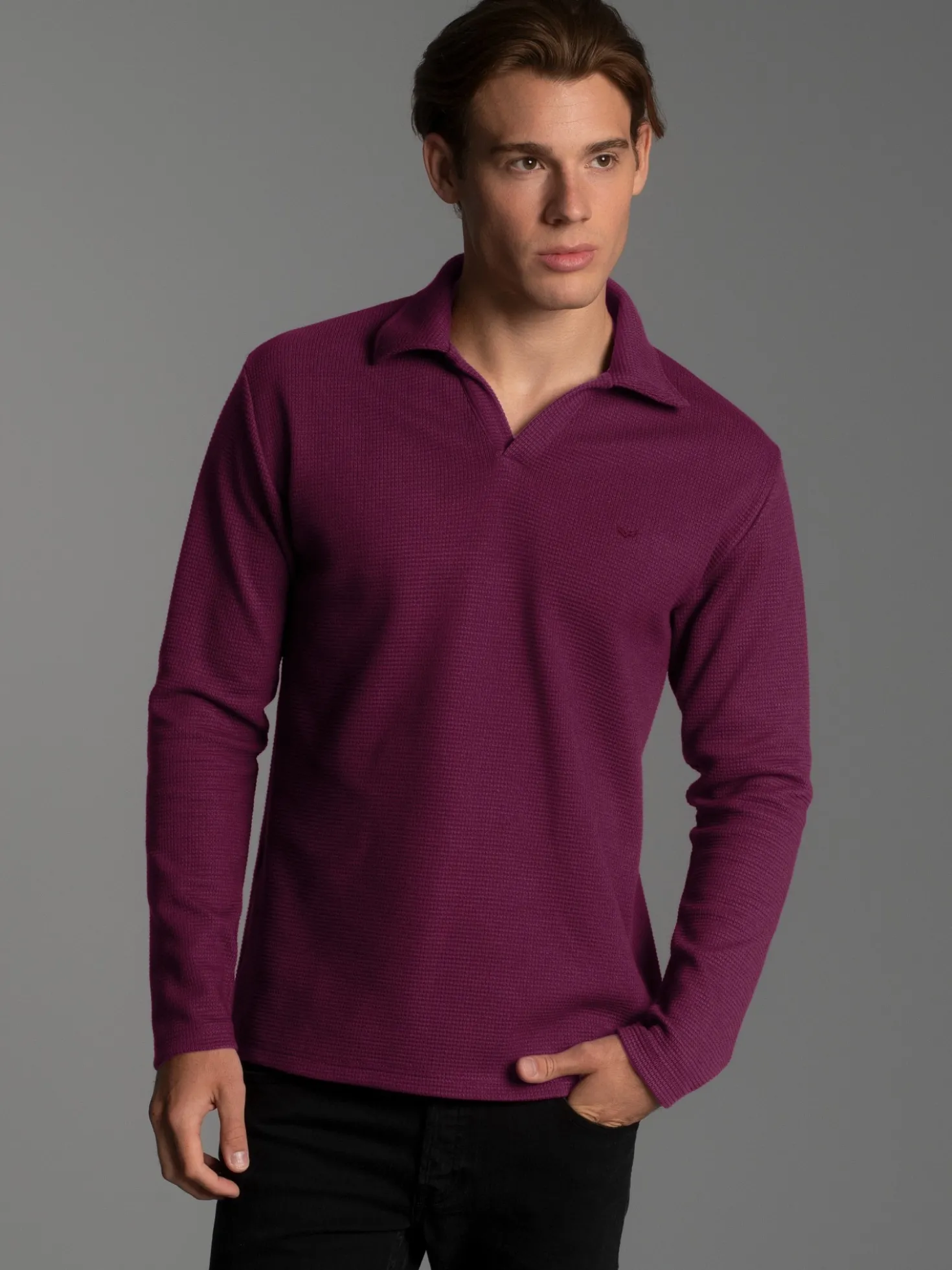 Langarm Poloshirt ohne Knopfleiste in Waffeloptik Sangria