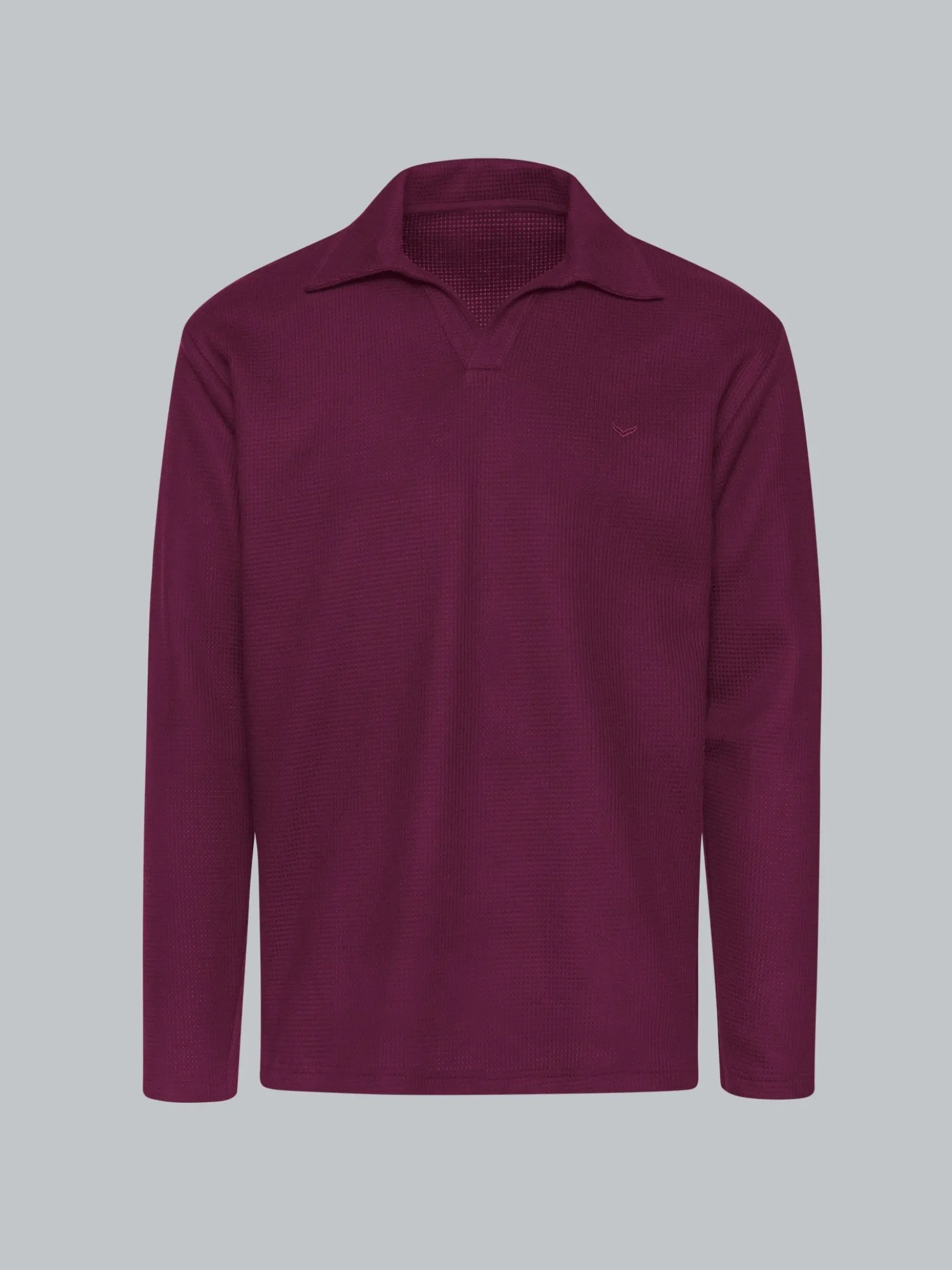 Langarm Poloshirt ohne Knopfleiste in Waffeloptik Sangria
