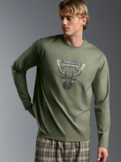 Langarmshirt mit abenteuerlichen Hirsch Motiv Salbei