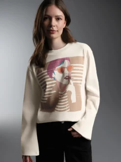 Langarmshirt mit grafischem Print Natur
