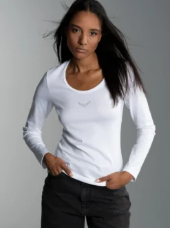 Langarmshirt mit Kristallsteinen Weiss