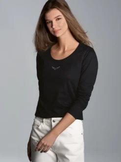 Langarmshirt mit Kristallsteinen Schwarz