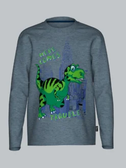 Langarmshirt mit Trouble Dino-Printmotiv Steingrau-melange