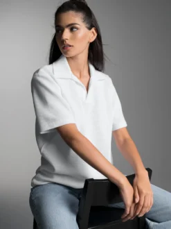 Oversized Poloshirt ohne Knopfleiste in Waffeloptik Weiss