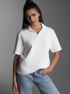 Oversized Poloshirt ohne Knopfleiste in Waffeloptik Weiss