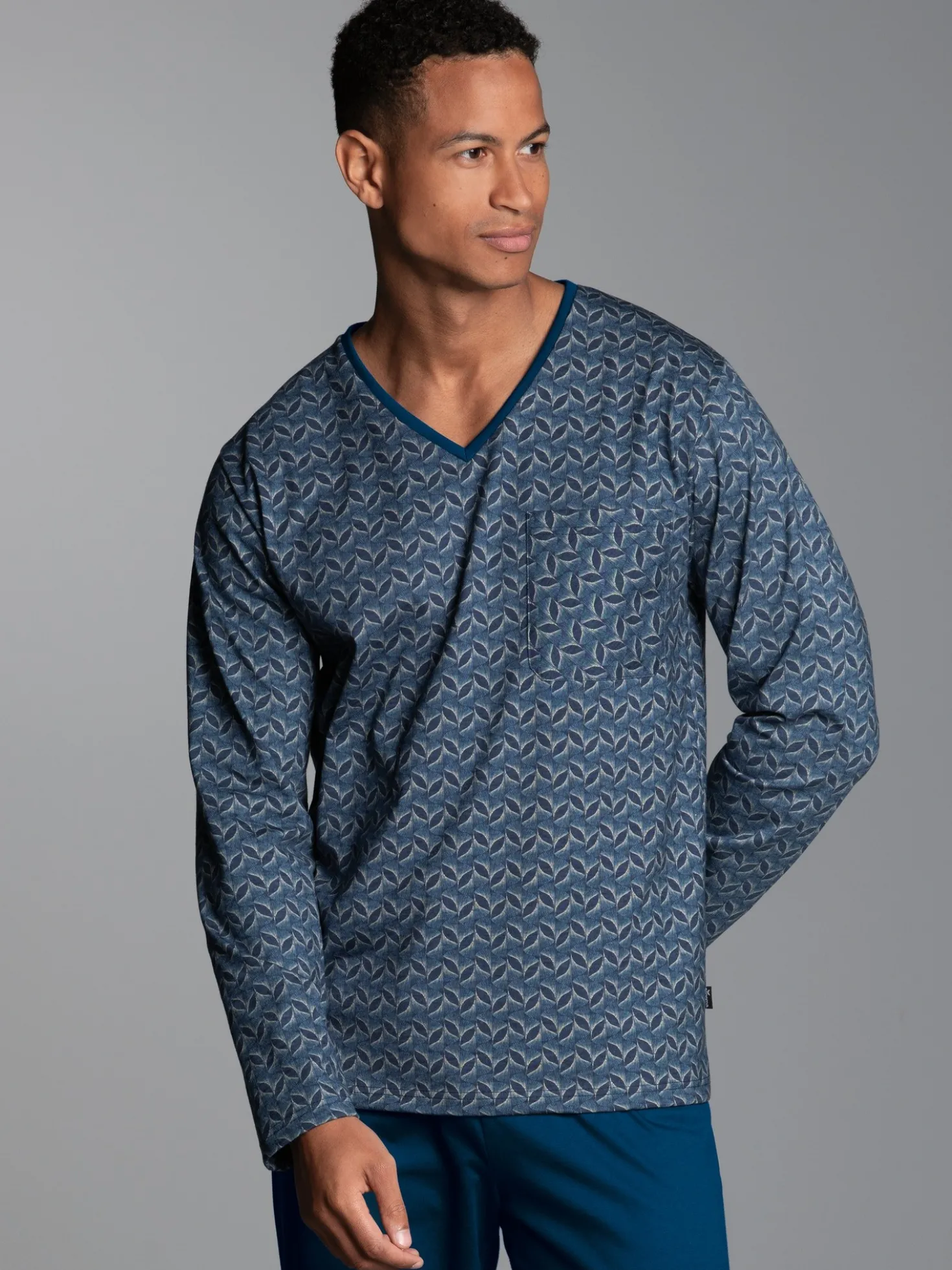 Pyjama-Oberteil mit Allover-Blätter-Print Night-blue