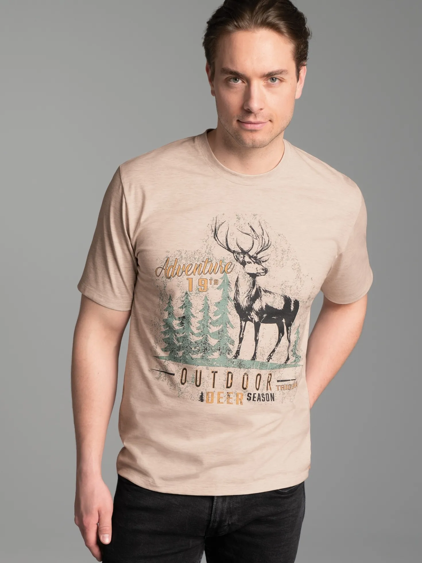T-Shirt mit großem Hirsch-Printmotiv Sand-melange