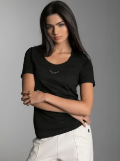 T-Shirt mit Kristallsteinen Schwarz