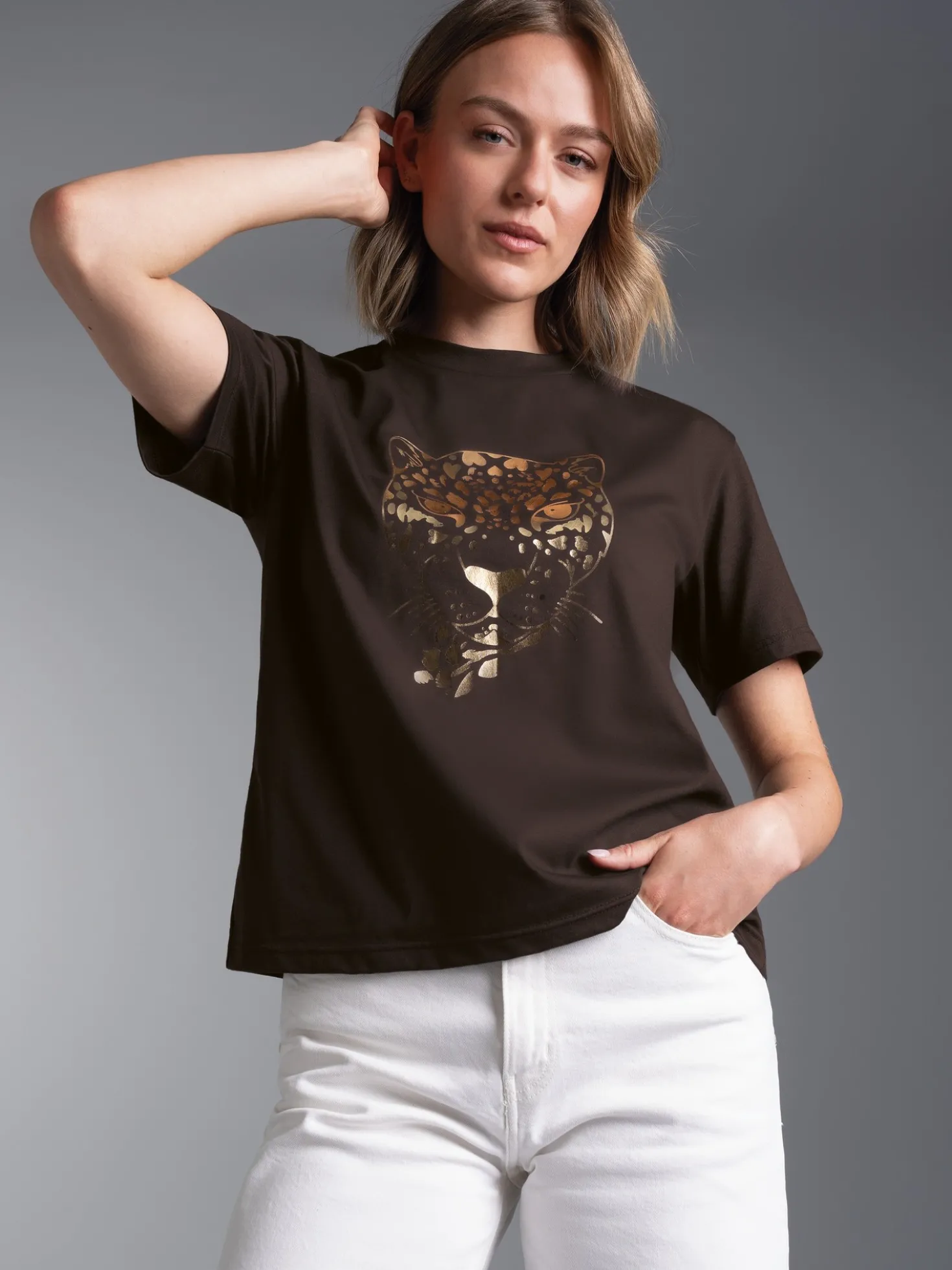 T-Shirt mit Leopoarden Print in Goldoptik Mocca