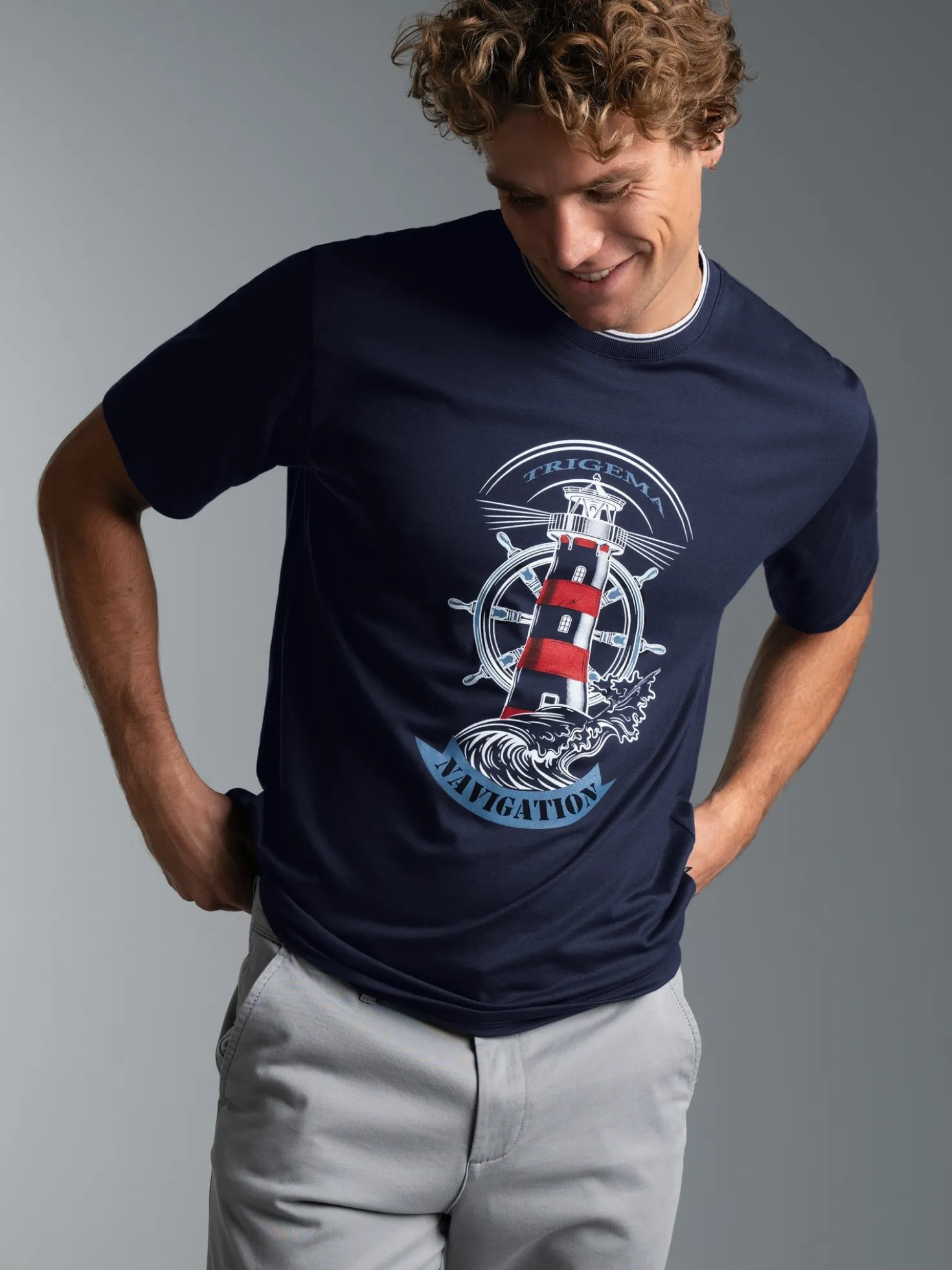 T-Shirt mit Leuchtturm Motiv Navy