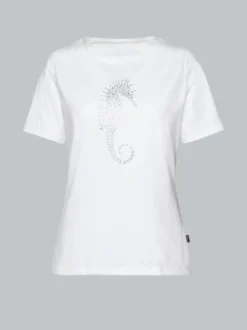 T-Shirt mit Seepferdchen-Print aus Strasssteinchen Weiss