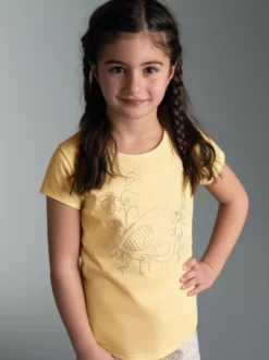 T-Shirt mit Vogel Motiv aus Strass-Steinen Vanille