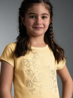 T-Shirt mit Vogel Motiv aus Strass-Steinen Vanille